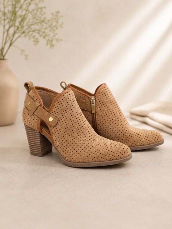 Franco Sarto Shoes - Franco Sarto Women’s Tan Suede Perforated Block Heel Booties Size 5